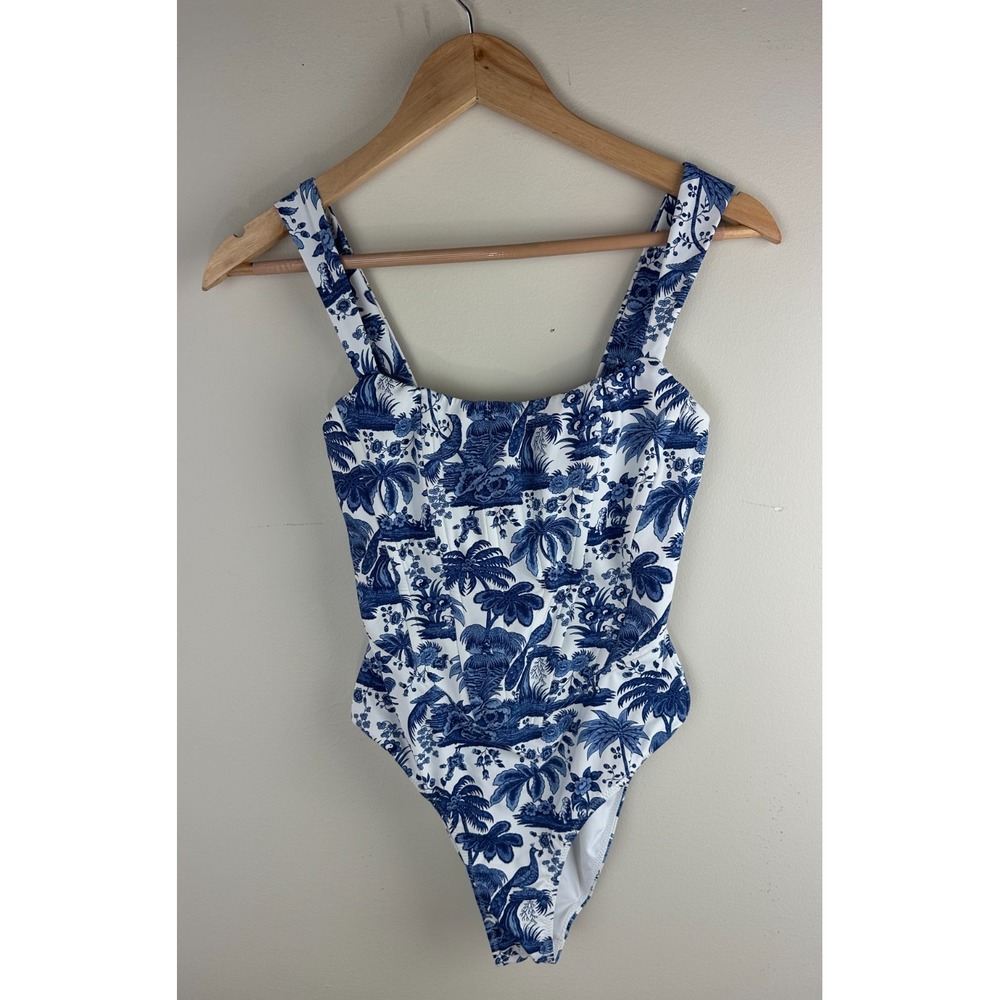 STAUD Adelaide Blue Toile One Piece Swimsuit Corset Boning M Tropical Dog Print - Picture 14 of 14